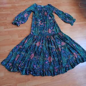 Karma Highway Blouson Sleeve Emerald Green Tasseled Gypsy Boho Tiered Maxi  NWOT